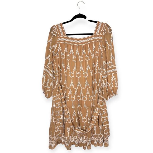 Shoshanna Torres tan and white long sleeve eyelet dress with tie waist women's 6 - Picture 9 of 9